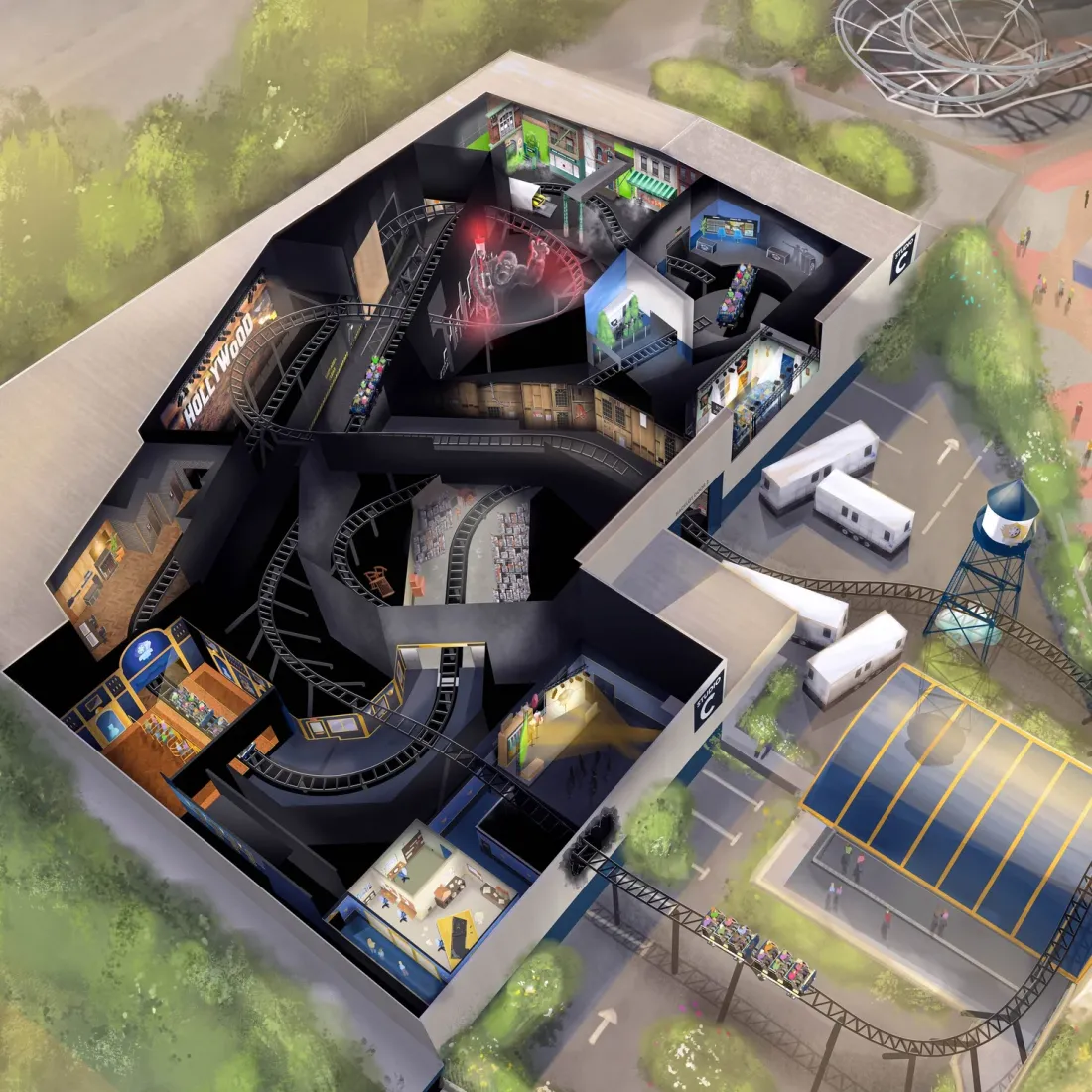 Aerial cutaway concept render of a themed dark-ride attraction